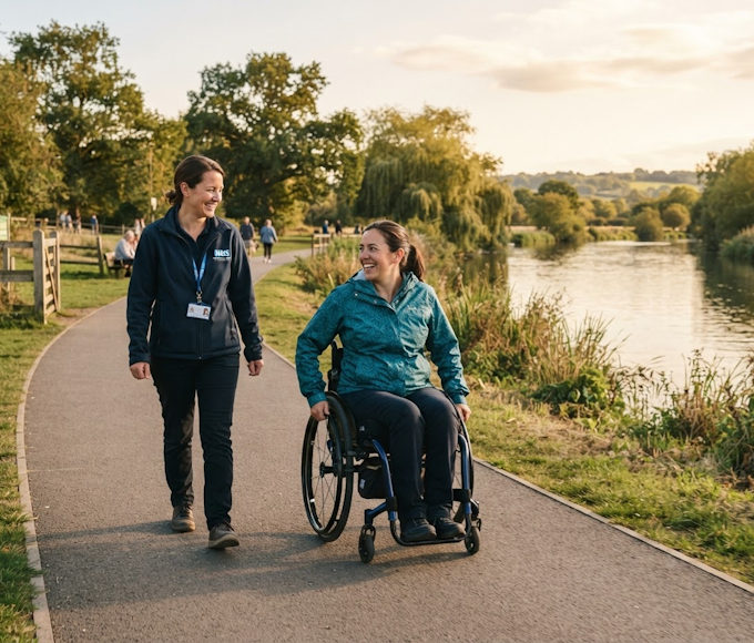 Therapist and wheelchair user training on a riverside path
